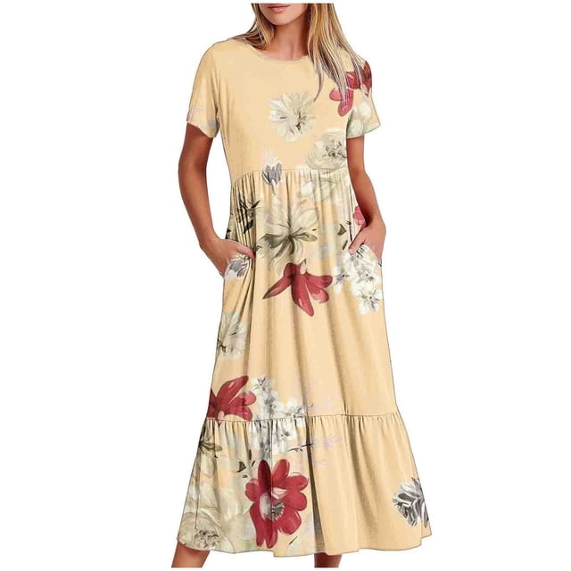 Pisexur Robes d'Été pour Femmes à Col Rond, Robe Fluide Plissée Tendance à Manches Courtes, Mode avec Poche, Robe d'Été de Plage Évasée à Imprimé Floral