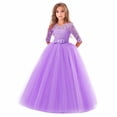 thumbnail image 1 of 2025 Robe Longue Jusqu'au Sol pour Filles en Dentelle Florale à Manches 3/4 Mariage Fête Soirée Formelle Robe de Danse Pegeant Violet, 1 of 3
