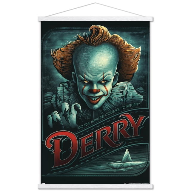 IT - Pennywise Derry Affiche Murale, 14,725 Pouces x 22,375 Pouces Encadrée, Représentant Pennywise aux Cheveux orange Vif et au Col à Volants, Main Griffe Se Tendant vers l'Avant au-Dessus du Grand Texte Rouge « Derry » et un Bateau en Papier Flottant sur une Eau Sombre en Dessous, Ensemble sur un Fond Texturé Sarcelle avec la phrase « Avez-Vous le courage de Revenir? », Convient à la Déco Maison Ou à la Décoration de Fête à Thème.