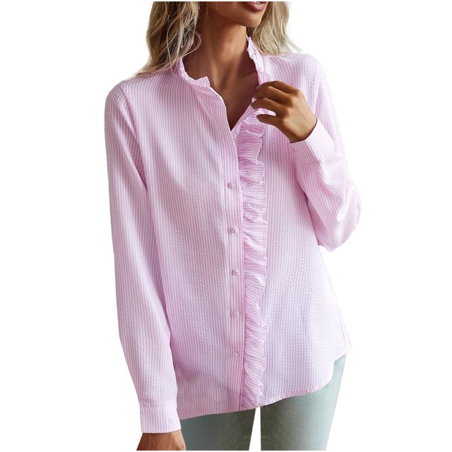 Pisexur Women's Chiffon Ruffle Blouse Solid Color Long Sleeve Button Down Elegant Collar Neck Shirts Tops