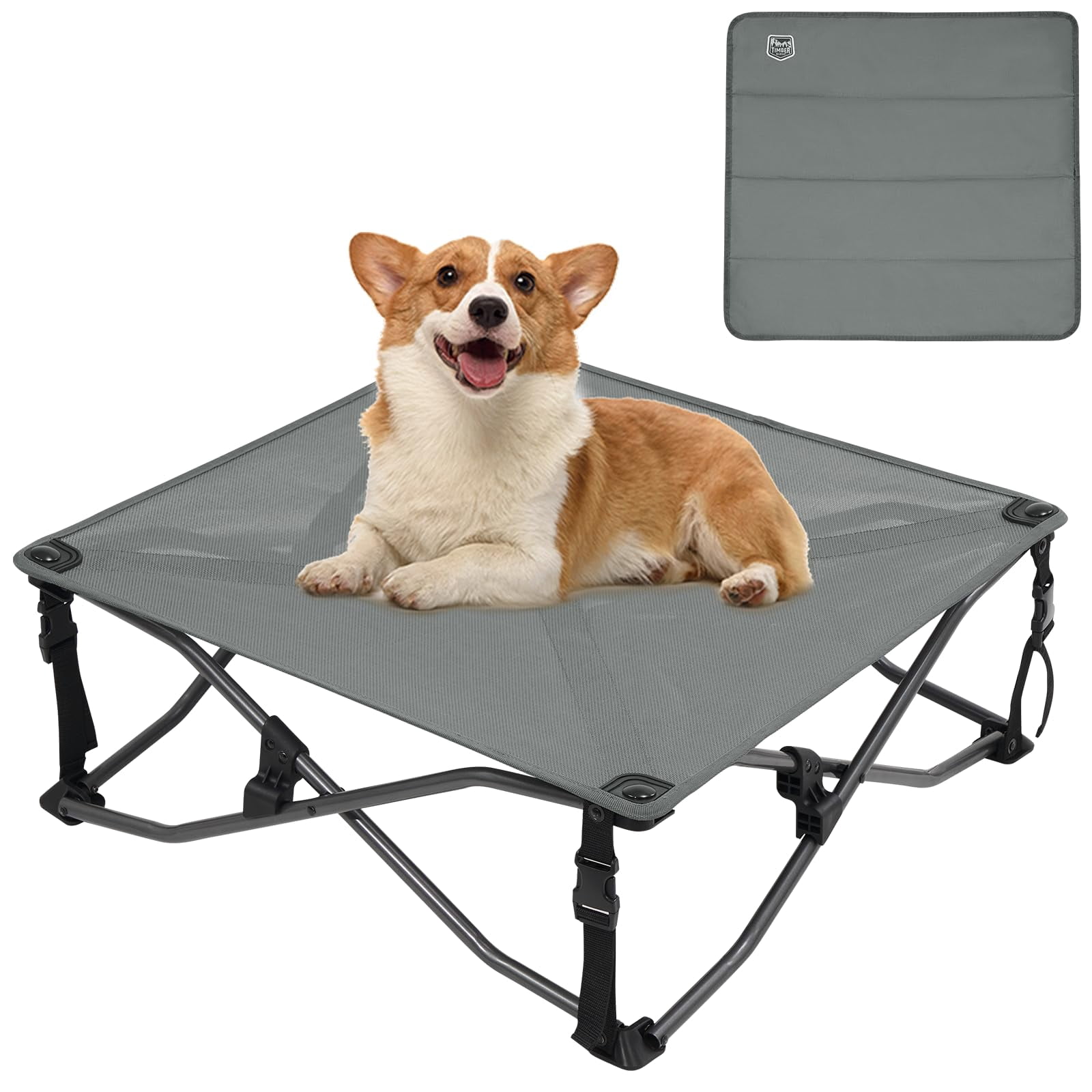 TIMBER RIDGE Small Elevated Dog Bed 3-in-1 Portable Folding and Raised with Removable Pad Mat Cooling Design for Indoor and Outdoor Use Grey