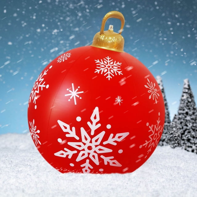 Gift for Her, Party Decorations, 60CM Outdoor Christmas Inflatable Decorated Ball Giant Christmas Inflatable Ball Christmas Tree Decorations. A large red inflatable ball with white snowflake patterns and a golden top resembling a Christmas ornament. Made of sturdy PVC, it is weather-resistant and suitable for outdoor use in rain or snow. The ball measures 60 cm (24 inches) in diameter and is designed to enhance Christmas decor in yards, porches, or gardens. Ideal for creating a festive focal point during the holiday season.