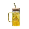 thumbnail image 2 of Qonioi Glass Cup with Lid and Straw, 400ml Square Drinking Glass, Iced Coffee Tumblers, Beer Mug, Juice Cup with Colorful Handle, 2 of 7