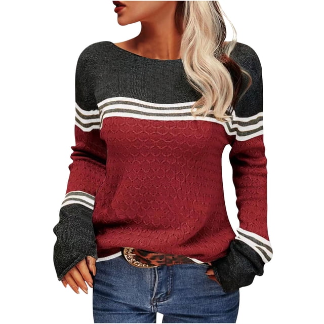 VgaVtl Pullover Ladies Sweaters Long Sleeve Womens Sweaters Fall Loose Color Block Knitted Red Striped Sweaters