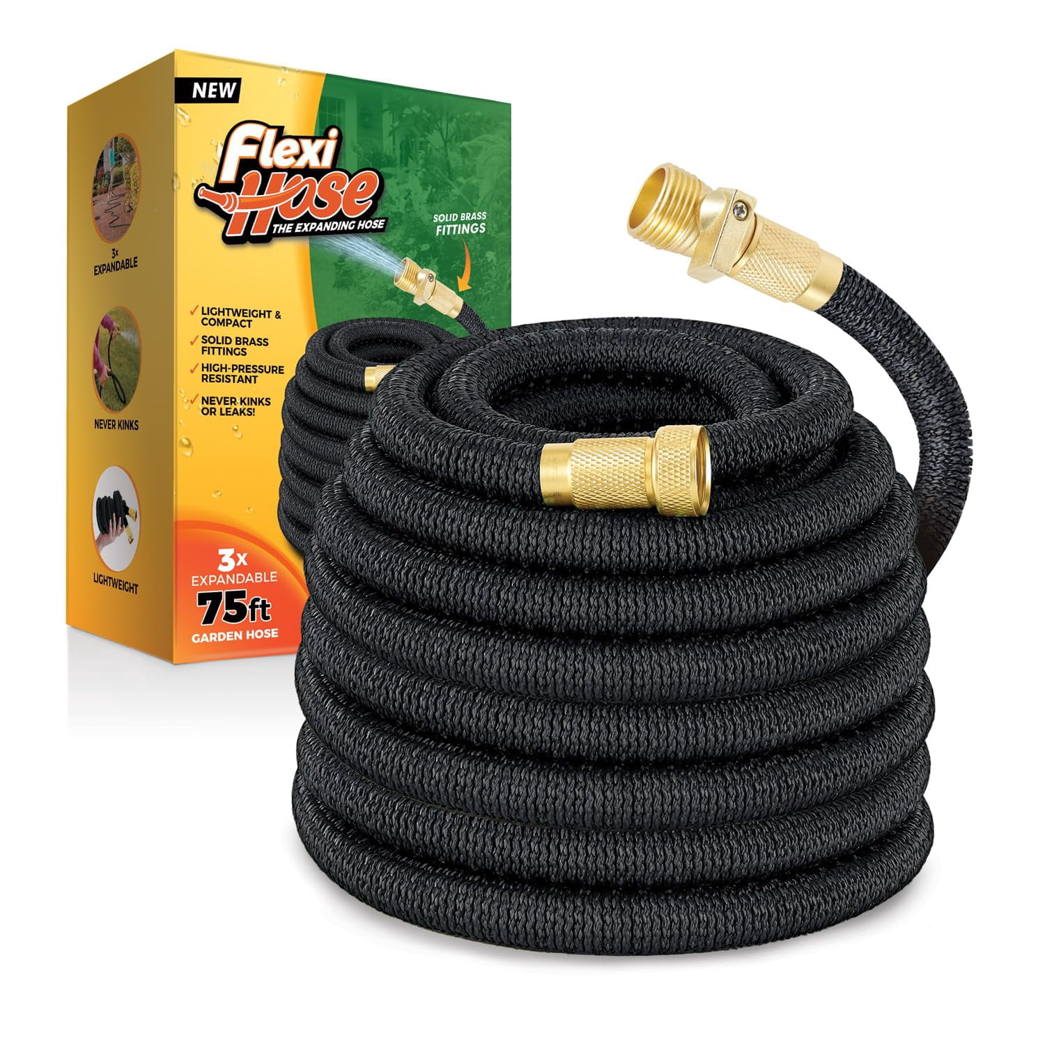 Flexi Hose Lightweight Expandable Garden Hose, 75FT -Retractable Garden Hose, Water Hose - No-Kink Flexibility, 3/4 Inch Solid Brass Fittings and Double Latex Core