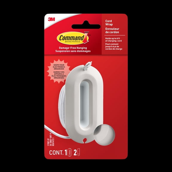 Command Cord Wrap, Organize Electronics, 1 Hook, 2 Medium Adhesive Strips
