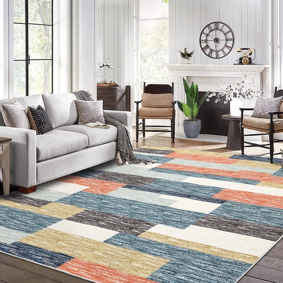 Nanan 9'x12' Washable Area Rug, Modern Non-Slip Area Rug with Geometric Block Pattern for Living Room Bedroom Dining Room, Blue Multi