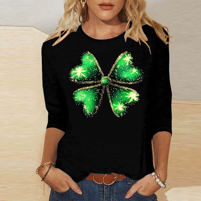 Elvqul Chemises de Mode pour Femmes Grande Taille T-Shirts de la Saint-Patrick Manches 3/4 Imprimé Col Rond Mignon Vert Hauts pour Dames