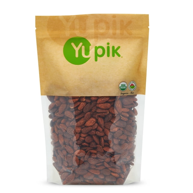 Yupik Organic Tamari Almonds (Soy Sauce), 1Kg packaged in a resealable brown paper and clear plastic pouch. The bag features the green Yupik logo, USDA Organic and Canada Organic certifications, and contains whole almonds coated in tamari soy sauce for a savory, crunchy snack. Ideal for enjoying as a Chinese-inspired treat or adding to stir-fries and salads.