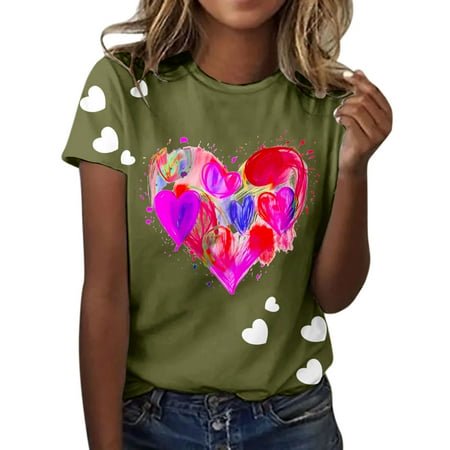 PMUYBHF Débardeur Noir pour Femmes, Mode, Saint-Valentin, Imprimé Amour, Col Rond, Manches Courtes, T-Shirt Décontracté (1)