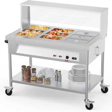 Garvee 9 Pans Commercial Food Warmer, 72 QT, with Lockable Wheels 1500W/110V, Silver