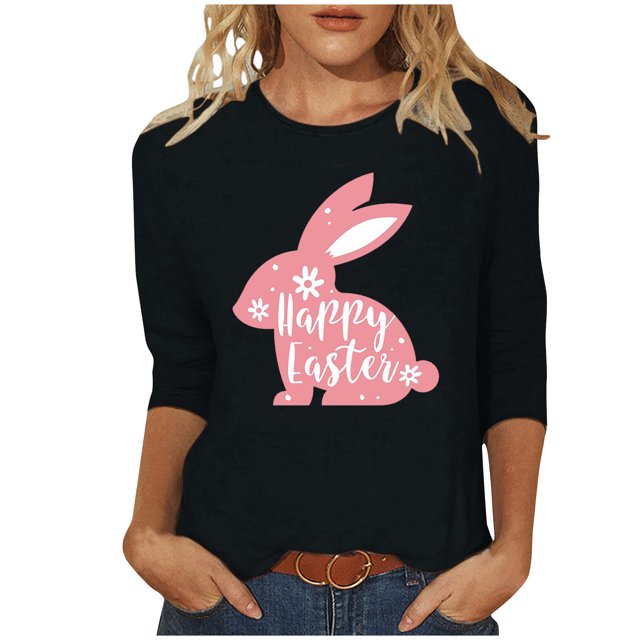 RKSTN Womens Tops Easter Cute Bunny Printed Loose Fit Tops Round Neck 3/4 Sleeve Spring Summer Soft Blouse Tops