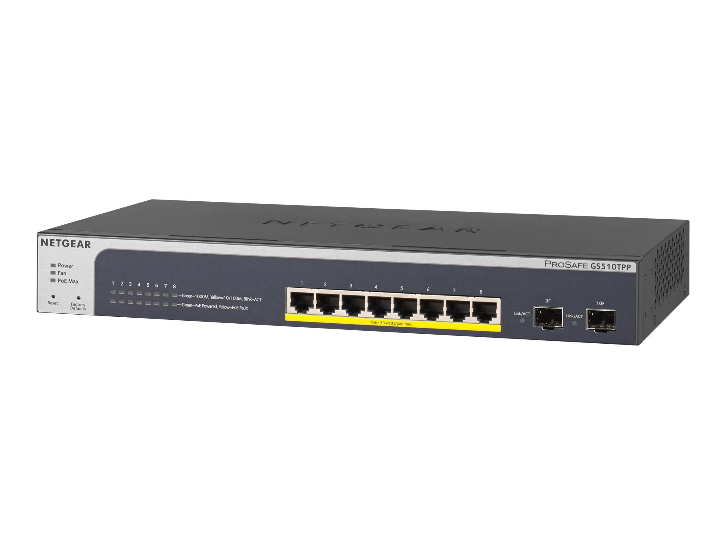 NETGEAR Smart GS510TPP - Switch - L3 Lite - smart - 8 x 10/100/1000 (PoE+) + 2 x SFP - desktop, rack-mountable - PoE+ (190 W)
