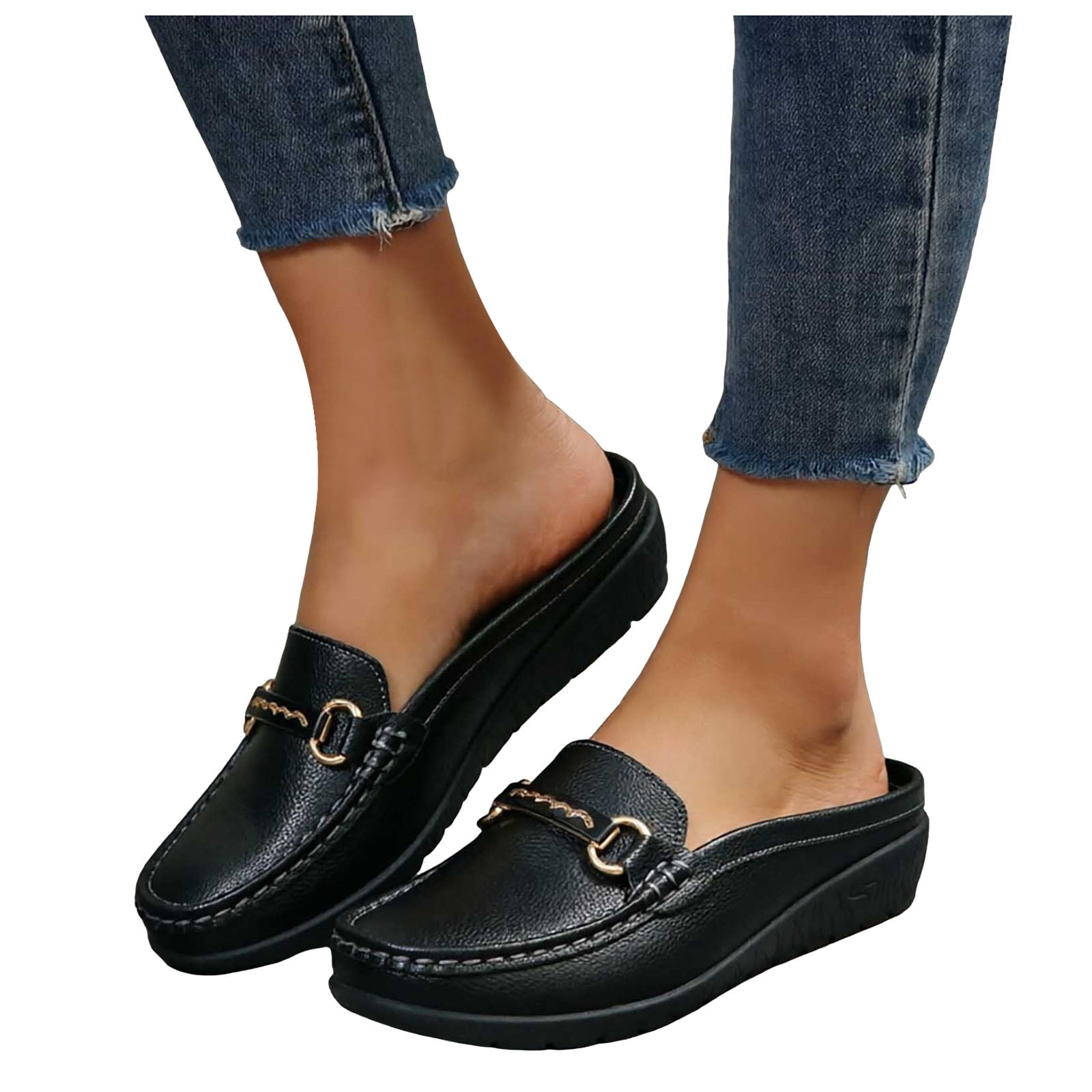 ladies dress shoes with wide toe box Women's Leather Mules Slip On Casual Backless Driving Loafers Comfortable Slide Black Size 6.5 ivory strapless lace mini dress