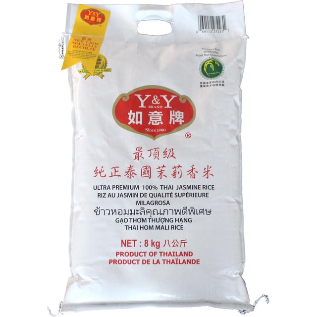 Y&Y Riz Parfumé au Jasmin 1 Sac, un Sac en Plastique Blanc de 8 kg avec une Poignée, Présentant le logo Y&Y brand en Rouge et Or, Étiqueté ultra premium 100 % Riz Jasmin Thaï, Produit de Thaïlande, avec Texte Multilingue et Sceau de certification, Idéal pour des Plats de Riz Blanc Aromatique.