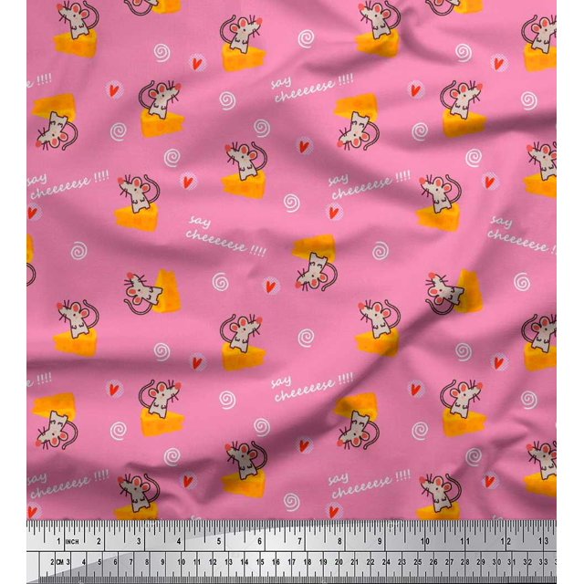 Soimoi Pink Cotton Poplin Fabric Cheese Slice & Rats Kids Fabric Prints By Yard 42 Inch Wide