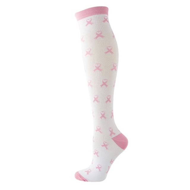 Dvkptbk Compression Bas pour Femmes et Hommes en Rose, avec une base Blanche et des Motifs de Ruban Rose. Conçus pour les sports de Plein Air et la Récupération après Entraînement Physique, Ces Bas Élastiques Offrent une Compression Graduée pour Améliorer la circulation, Réduire la fatigue et Soutenir la Récupération Musculaire. Fabriqués en polyester et Coton, Convenant au Printemps, à l'Été et à l'Automne. les Bas Sont d'Épaisseur Moyenne et Lavables à la Main.