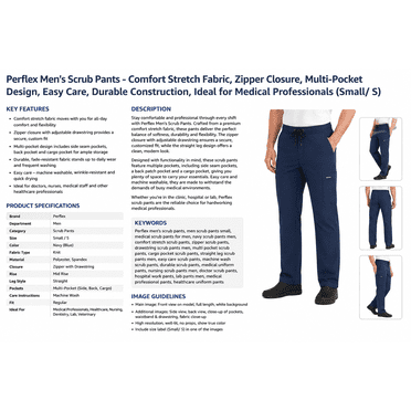 Perflex Men's Scrub Pants - Comfort Stretch Fabric, Zipper Closure, Multi-Pocket Design, Easy Care, Durable Construction, Ideal for Medical Professionals (Small/ S)