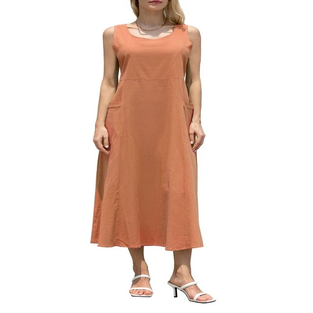 Tenue de Plage pour Femmes Robe Débardeur en Coton et Lin avec Poches Maxi Couleur Unie Bohemia Robe d'Été