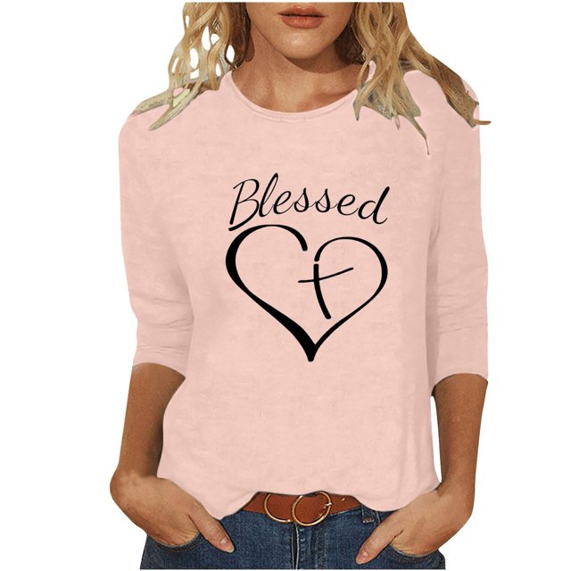 Penkiiy T-Shirts à Manches 3/4 pour Femmes avec Imprimés Cœur, Col Rond, Tunique de la Saint-Valentin, Blouse TP Rose