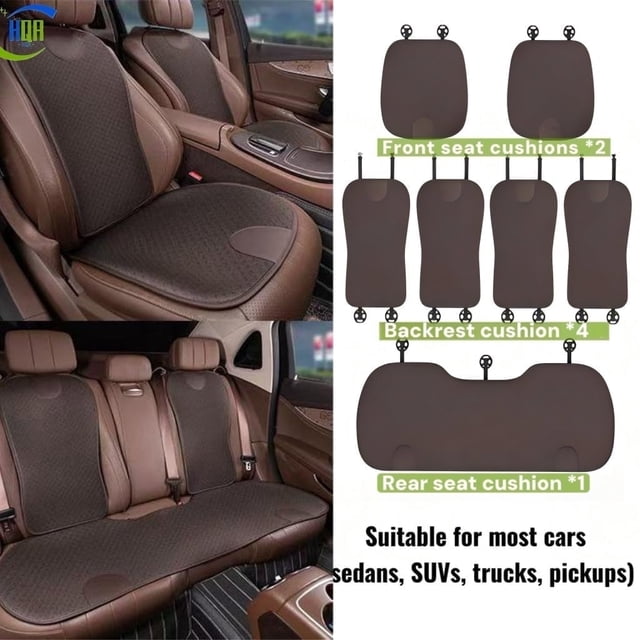 Ensemble de Coussins de Siège Auto (Coussin de Siège avant&Arrière&Dossier), Toucher Soie Glacée, Léger et Respirant, Évacuation de l'Humidité et Absorption de la Sueur, Convient à la Plupart des Sièges Auto, Toutes Saisons, Brun