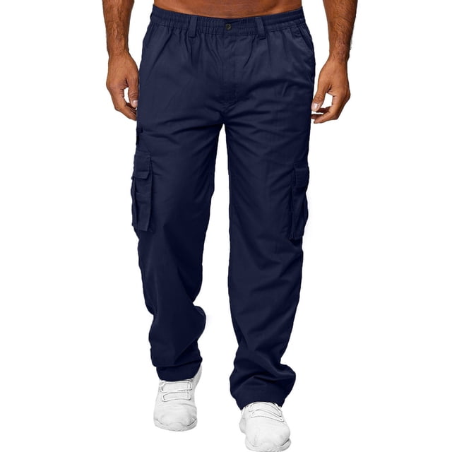 Men's cargo pants in navy blue with a relaxed fit, featuring multiple pockets with button and zipper closures for secure storage of items like cell phones, wallets, and keys. Made from durable polyester, these pants are suitable for casual wear, outdoor activities, hiking, and training. Designed for all seasons, they combine comfort and functionality.