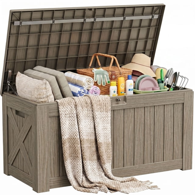 Homall 120 Gallon Outdoor Patio Box Deck Plastic Resin Storage Box Backyard, Light Brown