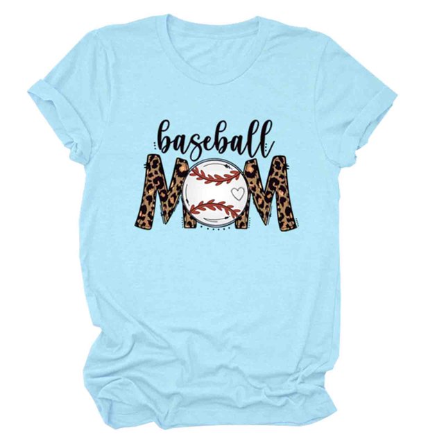 Womens Solid Color Short Sleeve Casual Baseball Print T-shirt Round Neck Print Tops