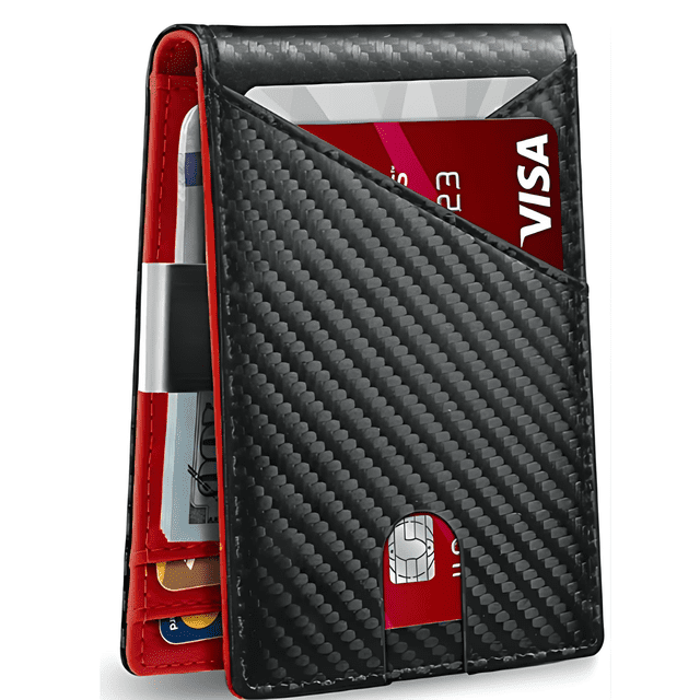 Mens Slim Wallet with Money Clip Minimalist 7 Slots RFID Front Pocket Wallet in red by Maple Mart Canada. This modern wallet features a carbon fiber exterior with red microfiber leather accents, offering compact storage and advanced RFID protection. It includes seven card slots, a spring steel money clip, and measures 4.3 inches by 3.1 inches by 0.4 inches. Suitable for travel and everyday use, designed for unisex functionality.