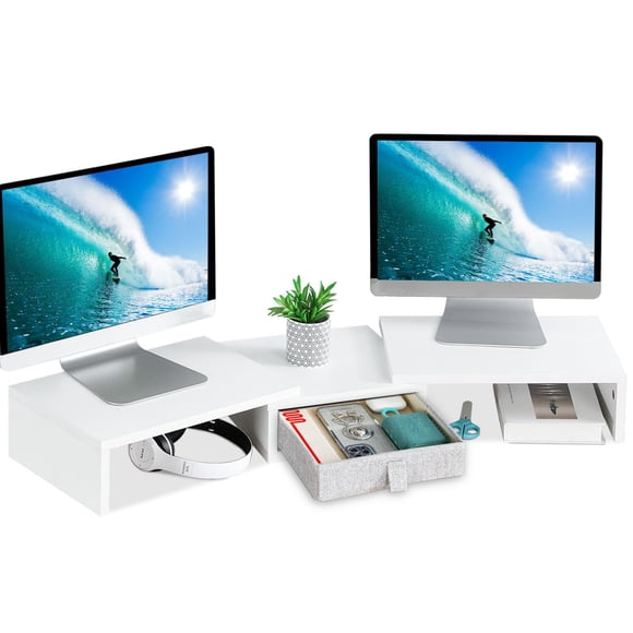 TEAMIX Dual Monitor Stand Riser with Drawer - Length and Angle Adjustable Double Monitor Riser Corner Desk Shelf Organizer Long Monitor Riser for 2 M