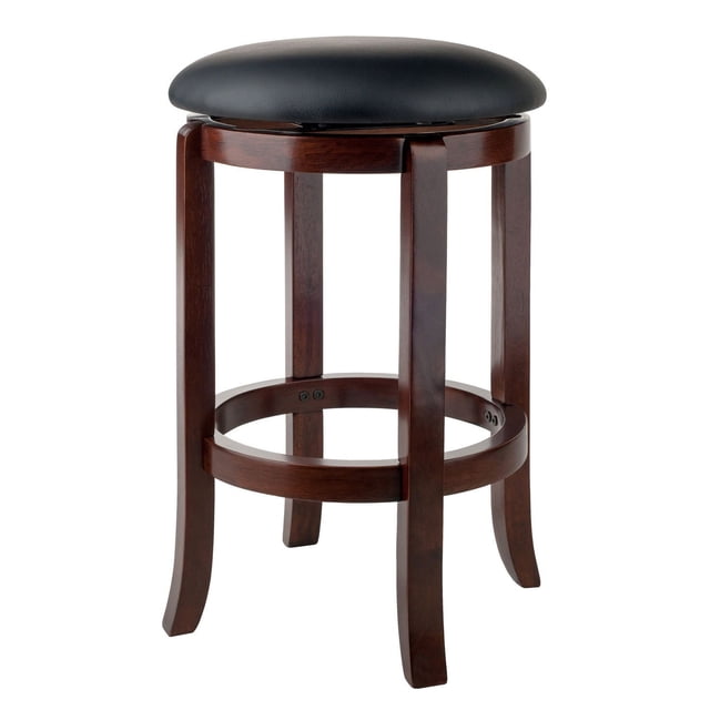 Winsome Walcott Swivel Seat Counter Stool with a black faux leather cushioned seat and solid walnut wood frame, 24-inch seat height, 360-degree swivel, and circular footrest, suitable for kitchen or dining seating.