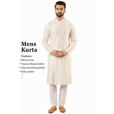 DWEEP SARA Viscose Rayon Solid Embroidered Straight Ethnic Off White Men Kurta, L