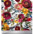thumbnail image 1 of Soimoi Tissu Satin Modal Blanc Feuilles & Roses Imprimés Floraux au Mètre 42 Pouces de Large, 1 of 1
