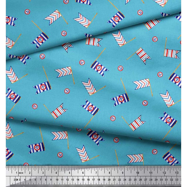 Soimoi Blue Rayon Fabric Anchor Hook & Small Country Flag Print Fabric by Yard 56 Inch Wide
