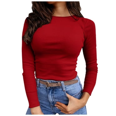 Fgnfyis Womens Long Sleeve Tops Stretch Crewneck Ribbed T Shirt Fitted Casual Basic T Shirts for Women Red XL