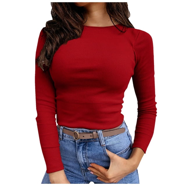 Womens Long Sleeve Stretch Crewneck Ribbed T Shirt Fitted Casual Basic Tops