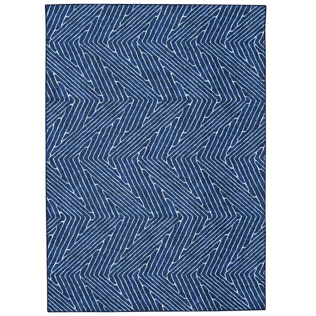 Fuller 5' x 7' washable area rug in blue and ivory featuring a simple linear zigzag pattern, made of stain-resistant 100% polyester with nonslip backing, ideal for high-traffic family and pet-friendly spaces, machine washable for easy care and suitable for versatile home use.