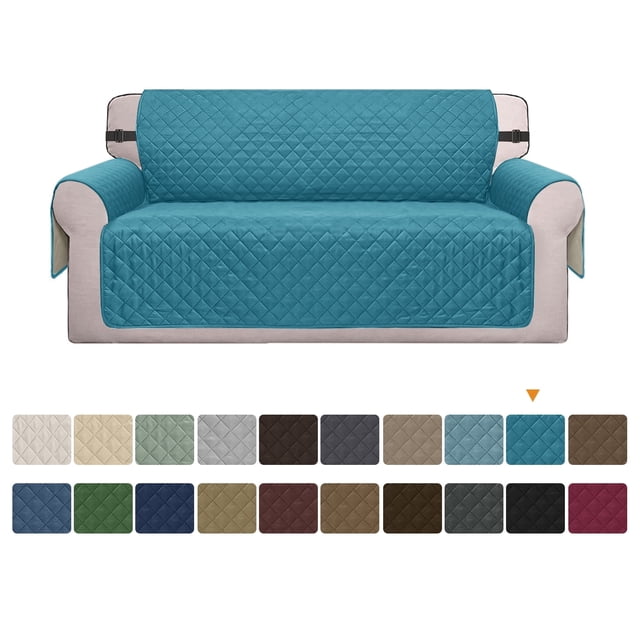 Housse de sofa Réversible à Motif Matelassé, Montrée en Couleur Sarcelle, Drapée sur un Canapé beige. la Housse Présente des Sangles Élastiques pour un Ajustement Sécuritaire et Est Résistante à l'Eau, Antidérapante et Lavable à la machine. Elle Est Conçue pour Protéger les Meubles contre les Déversements, les Égratignures et la Fourrure d'Animaux. Plusieurs options de Couleur Sont Affichées sous l'Image Principale.