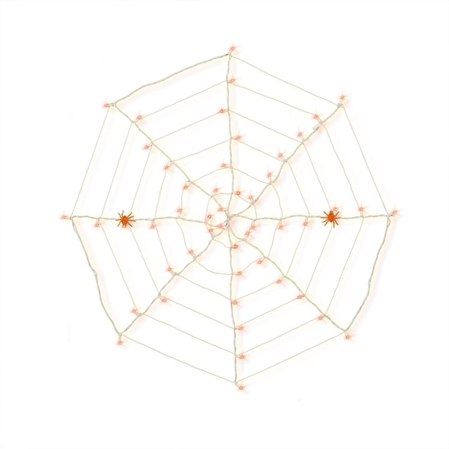 Five-foot orange LED spider web lights featuring two decorative orange spiders for Halloween decoration.