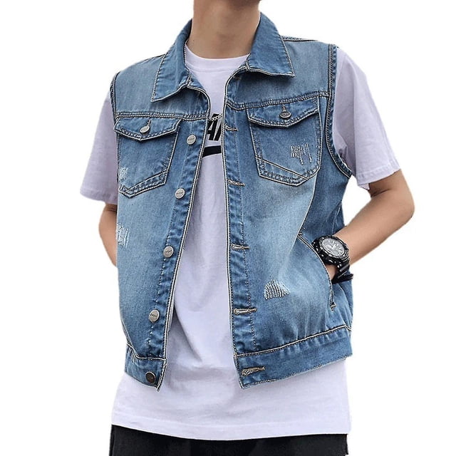 Men Lapel Sleeveless Denim Jacket Washed Loose Fit Casual Waistcoat with button placket, functional pockets, and ripped hole details. Styled over a white T-shirt, this men's vest is ideal for casual wear and versatile outerwear options.