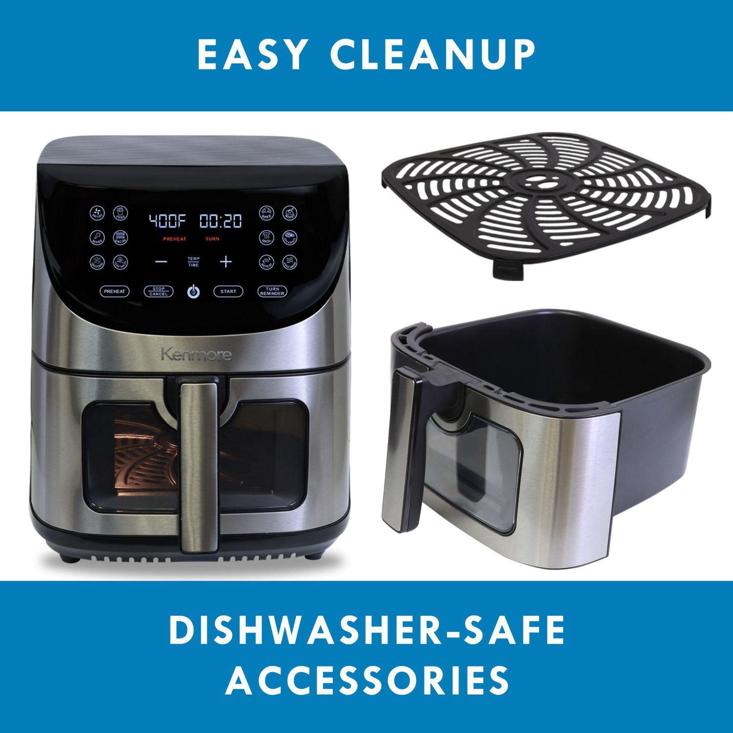 Kenmore 8 Qt Air Fryer 1700W 12 Presets Digital Touch Screen Stainless Steel Family Size Nonstick Basket Easy Cleanup Dishwasher Safe OilLess Cooking