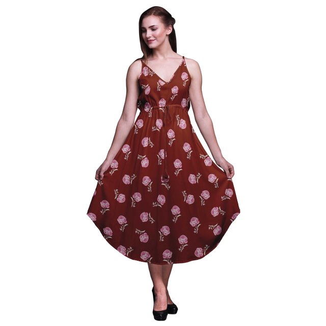 Bimba Robe Midi à Cordon Imprimée Florale pour Femmes, Bretelles Spaghetti, Tenue de Plage - Grande Taille