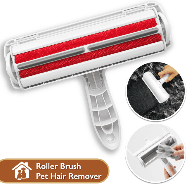ComfiTime Enlève-Poils pour Animaux, Rouleau Anti-Peluches Réutilisable et Écoresponsable avec une surface en Tissu Texturée Rouge et une Poignée Ergonomique Blanche. le Rouleau Est Montré Enlevant les Poils d'Animaux d'Une surface en Tissu Noire et Se Vidange via Son Compartiment à Déchets. Portable et Idéal pour Canapés, Meubles, Tapis, Vêtements et Lits.