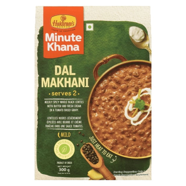 Haldiram Dal Makhani RTE 300 g Emballage Montrant un Cari de Lentilles Noires Crémeux Cuit avec du Beurre et de la Crème Fraîche dans une Sauce à Base de Tomate, Servi dans un Bol Rond avec un Tourbillon à la Crème et une Garniture de Coriandre, Étiqueté Doux et Prêt à Manger, Idéal pour des Repas Indiens Rapides pour en Servir Deux, avec une Cuillère en Bois de Lentilles Noires et une Cuillère de Crème sur un Fond Vert.
