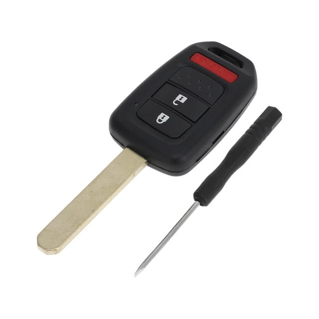 3 Buttons Key Shell MLBHLIK6-1T for Honda CR-V 2014-2016, Honda Fit 2015-2020, and Honda Crosstour 2013-2015. Black plastic key fob shell with silver tone accents, featuring three buttons for lock, unlock, and panic functions. Includes a metal key blade and a small screwdriver for easy installation. Designed to replace the outer shell of keyless entry remotes without replacing the core electronics or transponder chip. Compatible with specific Honda models and requires intact and programmed electronics for functionality.