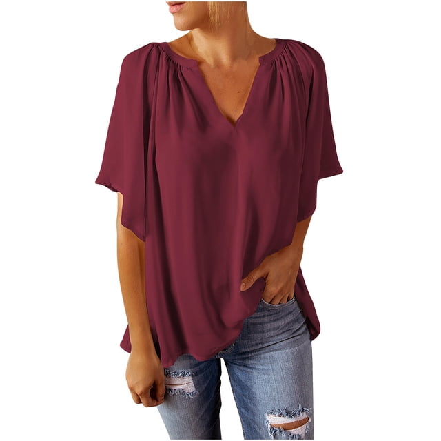 Timegard Womens Tops V Neck Drop Shoulder Short Sleeve Loose Comfy Solid Color Tops Tee Summer Beach