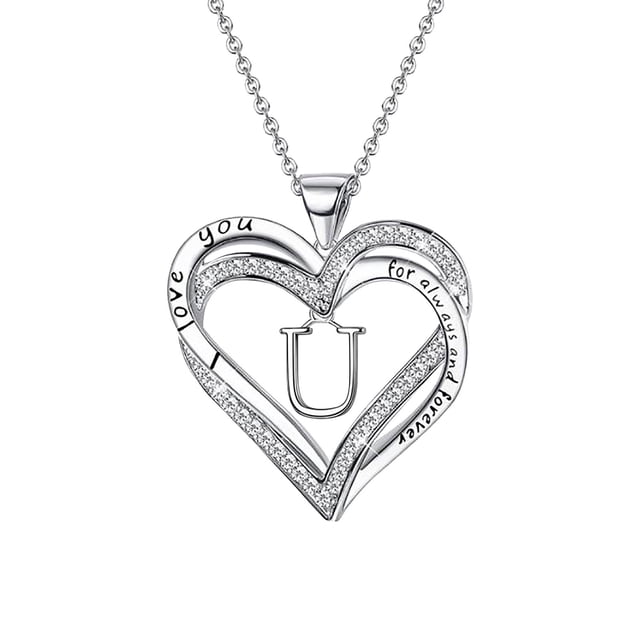 Ladies Double Heart Diamond Necklace With 26 English Letters Couple Necklace