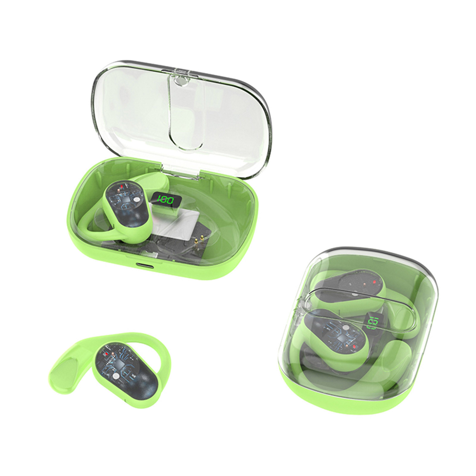 Earphones Bluetooth Wireless Wireless Bluetooth Earphones with Bone Conduction, Semi Transparent Charging Compartment, Digital Display Screen, and Rotatable Ear Hook, Suitable for Sports and Running