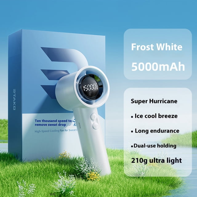 TopLLC Handheld High-speed Fan Usb Charging Outdoor Portable Speed Regulation Small Electric Fan in frost white with a digital display showing speed settings. Features include a 5000mAh battery, turbocharged wind guidance system, and lightweight design at 210g. Ideal for portable cooling during summer travel, dorms, or RV use. The fan is positioned next to its branded packaging in a grassy outdoor setting.