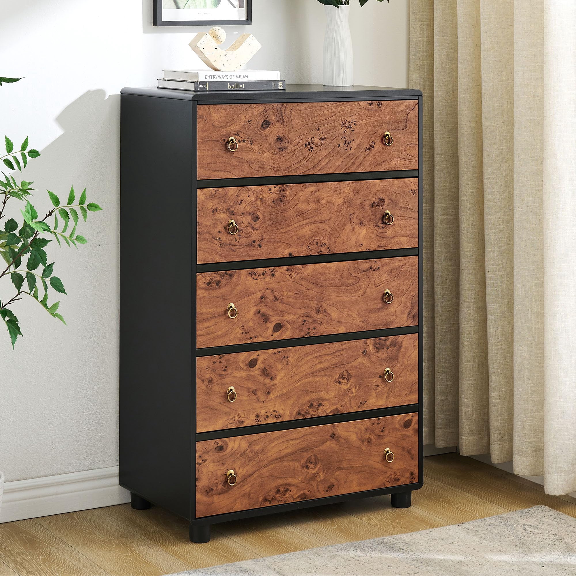 5 Drawers Dresser, 46" Tall Modern Chest of Drawers with Natural Texture, Curved Profile Design, Dresser TV Stand, Wood Drawer Organizer for Bedroom, Living Room, Hallway, Natural Oak